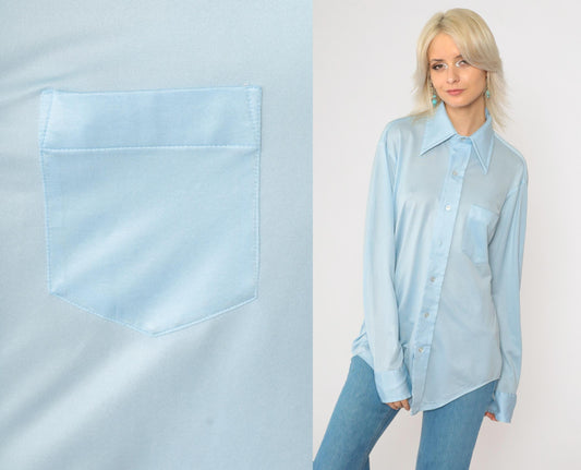 70s Baby Blue Dagger Collar Button-Up Shirt Disco Oxford Long Sleeve Medium