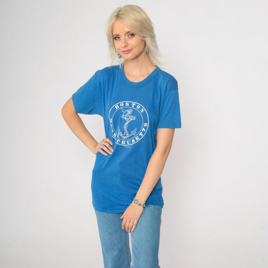 80s Boston Anchor Graphic T-Shirt Blue Single Stitch Tee Small