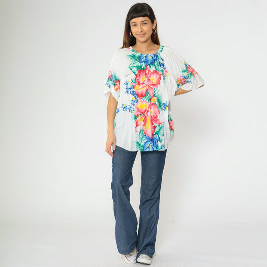 70s Royal Creations Hawaiian Caftan Top Floral Pleated Kimono One Size
