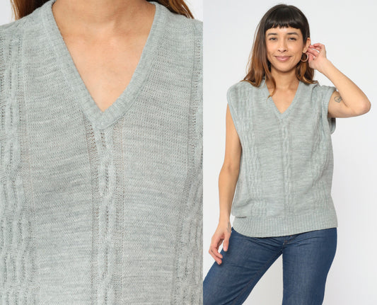90s Steeplechase Cable Knit Vest Grey V-Neck Sleeveless Pullover Large L