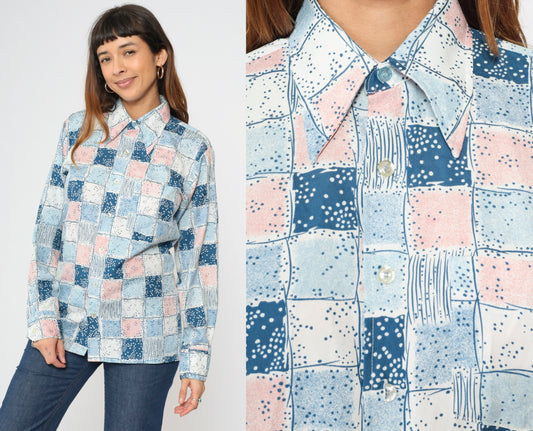 70s Checkered Button-Up Shirt Pink Blue Dagger Collar Long Sleeve Men's Medium