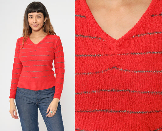 70s Metallic Striped Sweater Red Silver V-Neck Pullover Knit Small