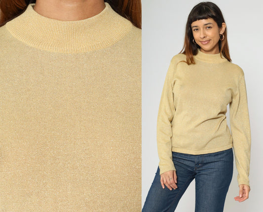 90s Metallic Gold Mock Neck Sweater Sparkly Knit Pullover Medium