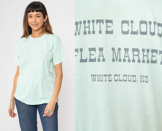 90s White Cloud Kansas Flea Market Graphic T-Shirt Mint Blue Single Stitch Medium