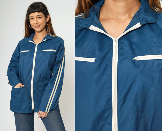 70s Windbreaker Jacket Dark Blue White Striped Raglan Zip Unisex Medium Large