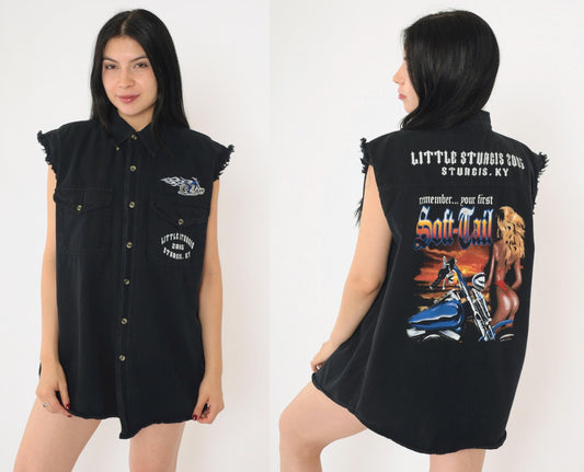 00s Little Sturgis Kentucky Sleeveless Button-Up Biker Shirt Black Large