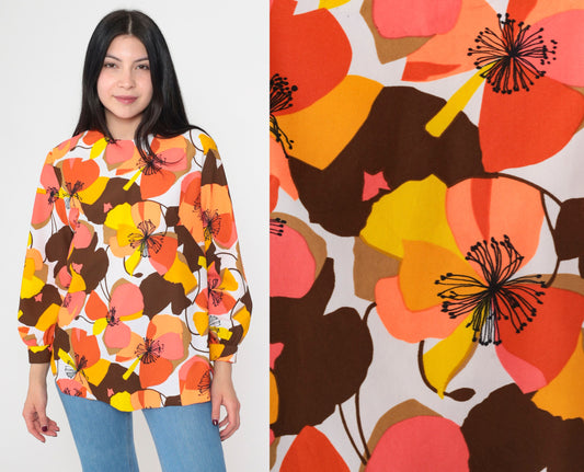 70s Floral Blouse Bright Tropical Coral Orange Long Sleeve Round Neck Medium