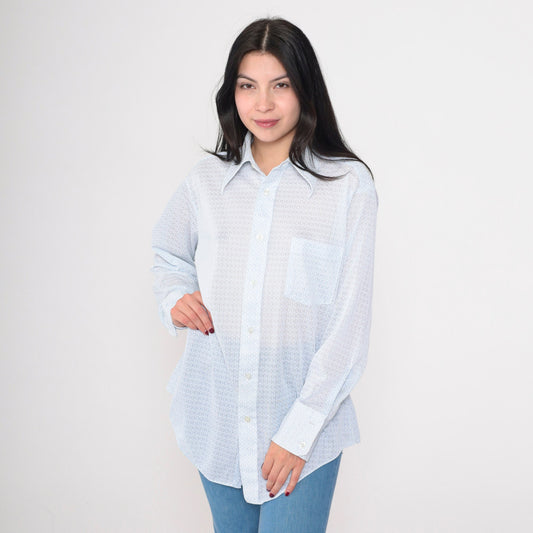 70s Sears Geometric Print Button Up Shirt White Blue Dagger Collar Large