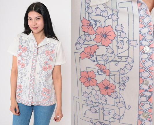 70s Floral Button-Up Blouse White Dagger Collar Short Sleeve Medium