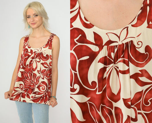 90s Pumehana Tropical Floral Tank Top Cream Red Hawaiian Sleeveless Medium