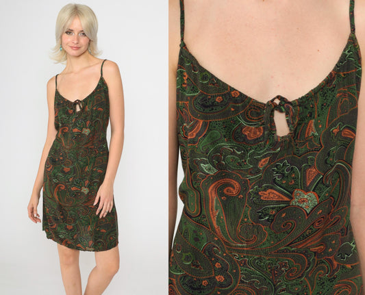 90s Paisley Print Mini Sundress Green Orange Spaghetti Strap Keyhole Medium