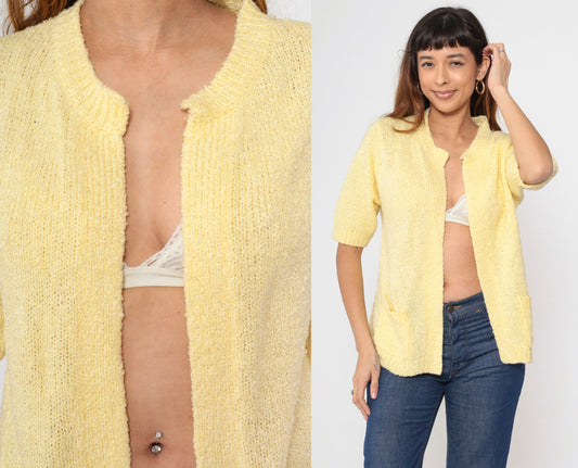 70s Le Chois Yellow Bouclé Cardigan Short Sleeve Open Front Knit Medium