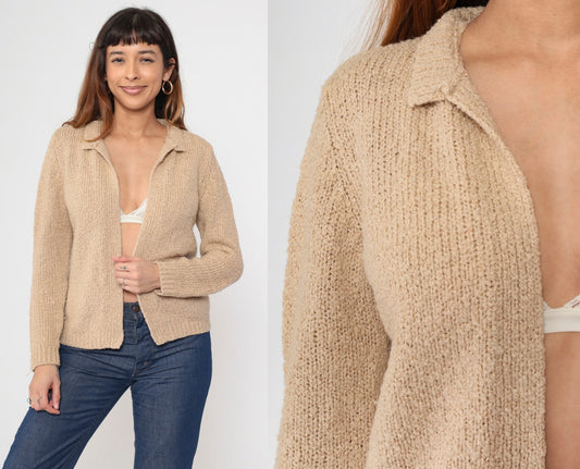 70s Tan Cardigan Open Front Wrap Sweater Medium