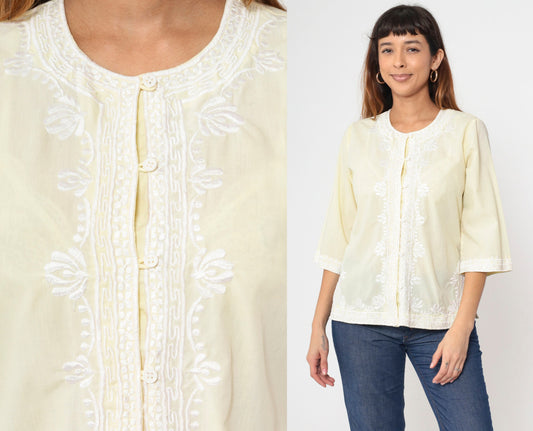 90s Yellow Floral Embroidered Button-Up Blouse 3/4 Sleeve Medium