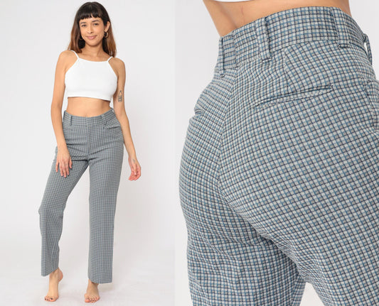 70s Checkered High-Waisted Straight Leg Trousers Grey Blue Medium