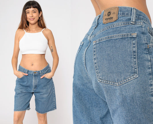 Y2K Wrangler Denim Bermuda Shorts High Waist Blue Jean Relaxed Fit Medium M