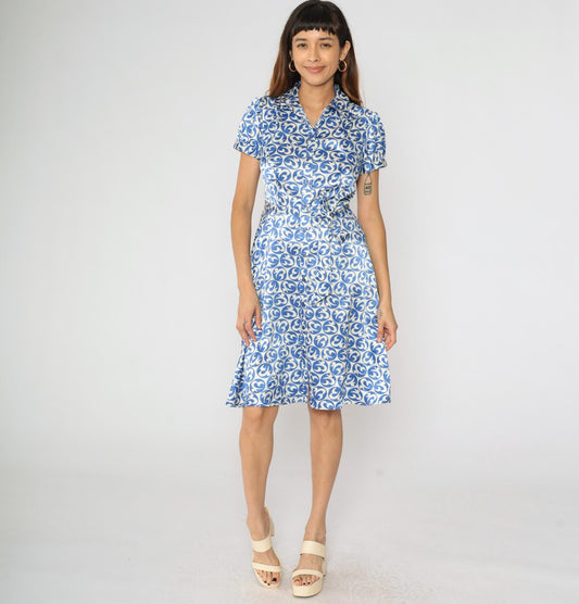 80s JG Hook Blue White Geometric Midi Shirt Dress Puff Sleeve Button Front Small