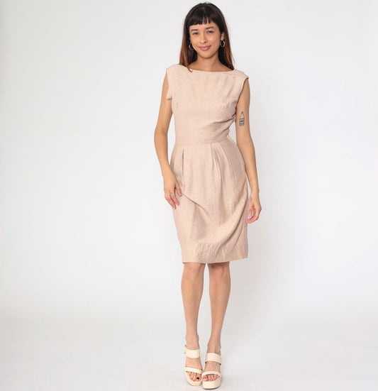 1960s Blush Pink Cocktail Dress Boatneck Wiggle Sheath Knee Small