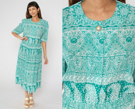 80s Green Paisley Midi Shirtwaist Dress High Waisted Pleated Short Sleeve Large L