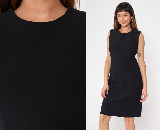 90s Black Sheath Dress Sleeveless Knee-Length Shift Dress Medium 10