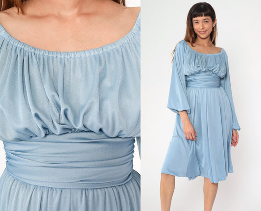 70s Blue Peasant Midi Dress Empire Waist Long Sleeve Off-Shoulder Extra Small