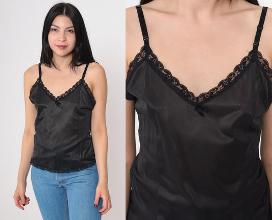 90s Black Camisole Lace Trim V-Neck Nylon Cami Top Small