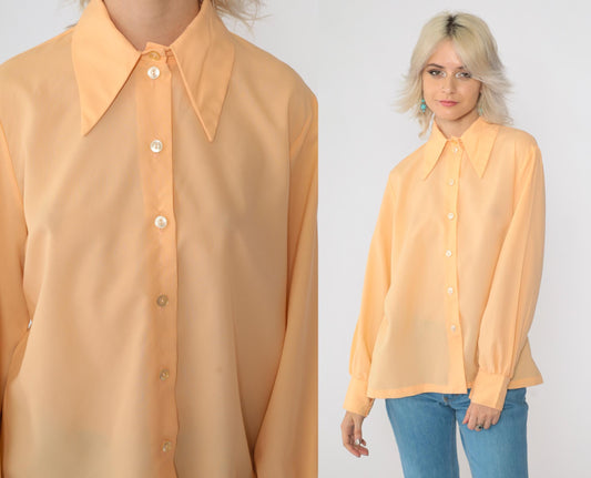 70s Peach Dagger Collar Button-Up Shirt Long Sleeve Large L