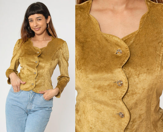 80s Betty Barclay Gold Velour Blouse Puff Sleeve Scalloped Button Medium