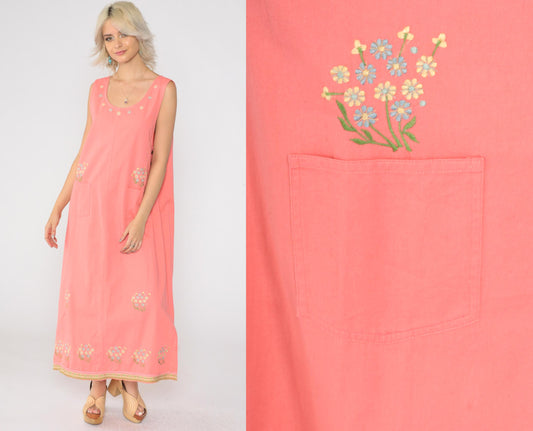 90s Pink Floral Embroidered Cotton Maxi Dress Sleeveless Large L