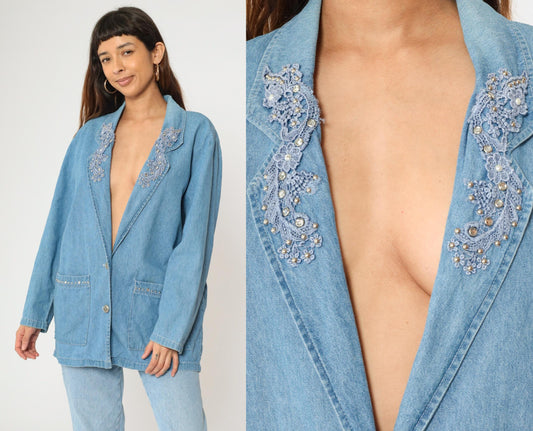 90s Bridge Sportswear Denim Blazer Blue Studded Rhinestone Lace Medium