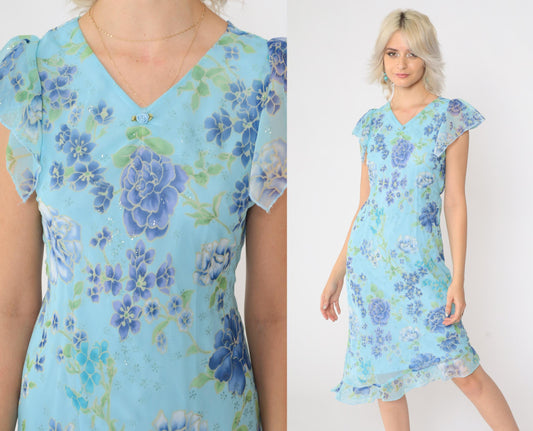 90s Blue Sparkly Floral Midi Dress Asymmetrical V-Neck Flutter Sleeve Small