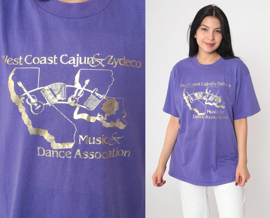 90s West Coast Cajun Zydeco Music Graphic T-Shirt Purple Metallic Large