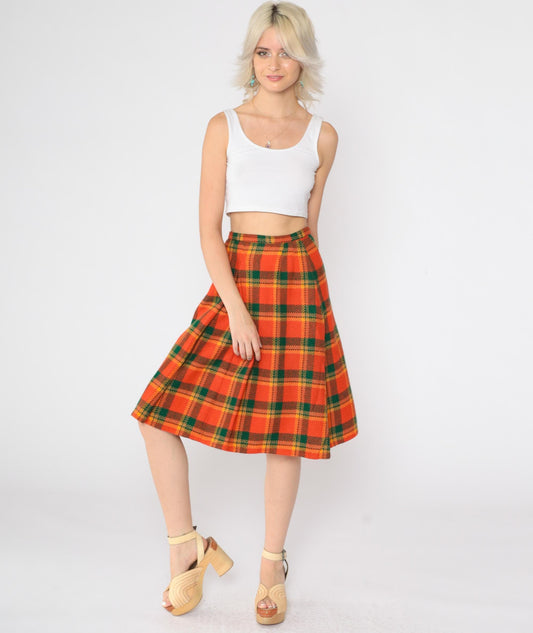 70s Plaid Wool Midi Skirt High Waisted Pleated Tartan Small