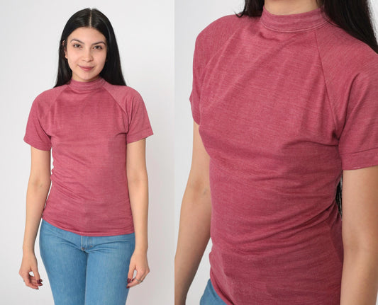 80s Pink Mock Neck Raglan T-Shirt Single Stitch Extra Small XS
