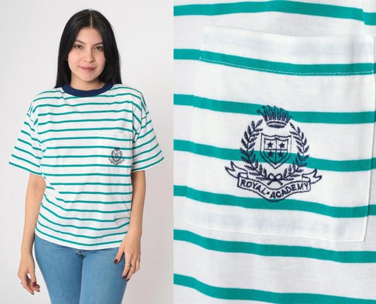 90s Royal Academy Crest Striped T-Shirt Green White Ringer Tee Medium