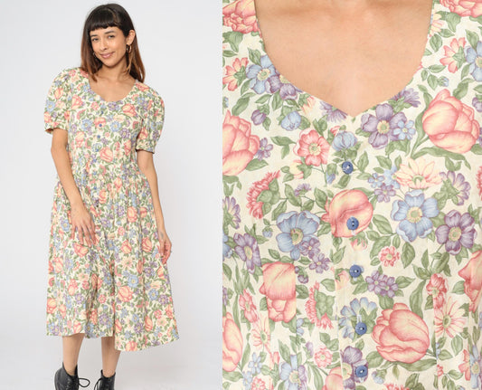 80s Floral Midi Dress Puff Sleeve Button-Up Cream Small Medium