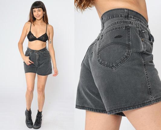 90s Black Denim Shorts High Rise Button Fly Faded Jean Shorts Small S