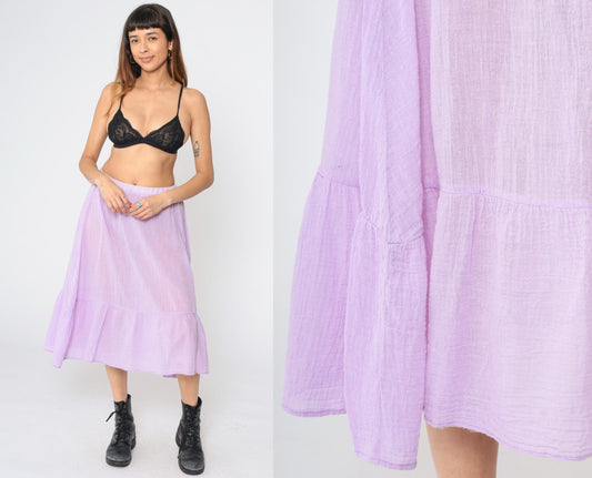 70s Lavender Gauze Peasant Skirt High Waist Flounce Midi Cotton Medium