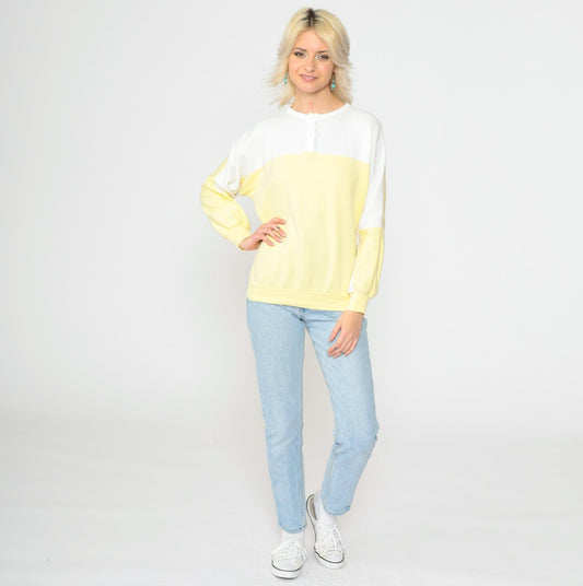 80s Yellow & White Henley Sweatshirt Color Block Slouchy Large