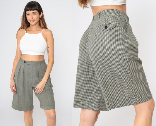 90s Houndstooth Pleated Bermuda Shorts Black White High Waist Cuffed Medium