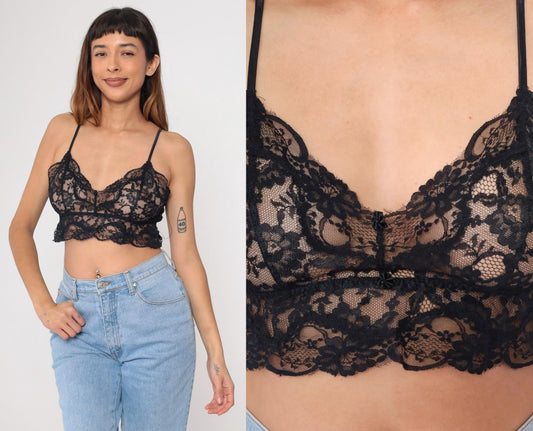 90s Victoria's Secret Black Lace Crop Cami Spaghetti Strap Medium