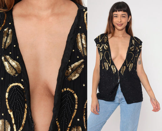 90s Midnight Run Black Silk Beaded Vest Gold Leaf Sequin Deep V Medium