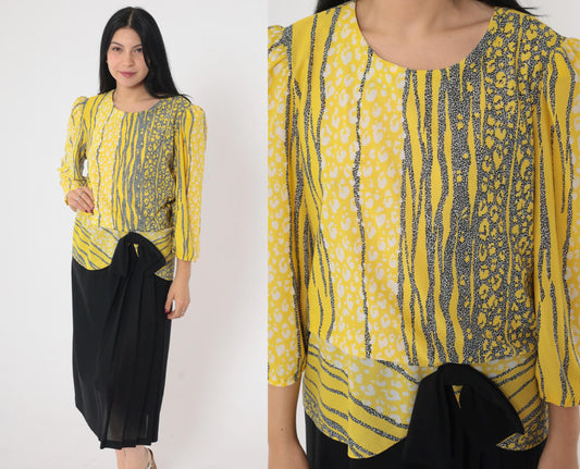 80s Yellow Leopard Striped Midi Dress Puff Sleeve Peplum Bow Drop Waist Large