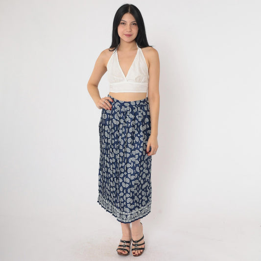 90s Geometric Midi Skirt High Waisted Pleated Blue Paisley Print Small