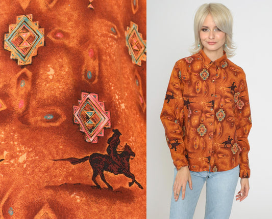 90s Panhandle Slim Western Cowboy Shirt Burnt Orange Horse Print Small