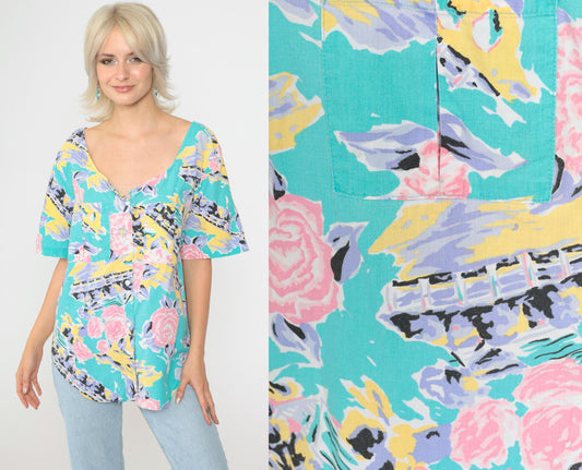 90s Cherokee Turquoise Floral Abstract Button-Up Blouse Short Sleeve Medium