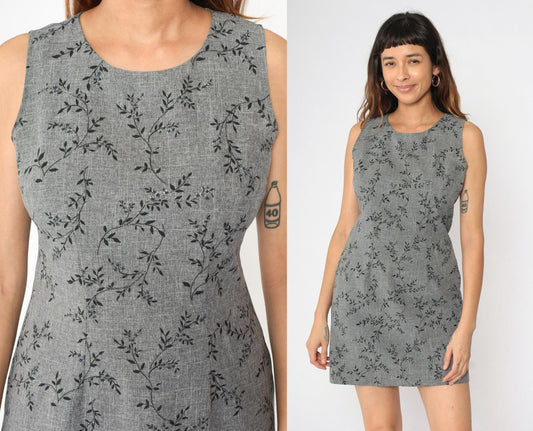 90s Grey Floral Glitter Mini Sheath Dress Sleeveless Round Neck Medium