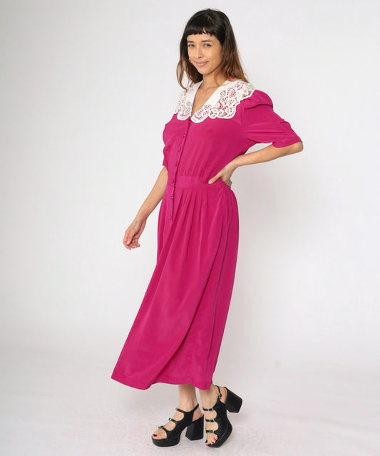 80s Fuchsia Pearl Beaded Lace Collar Button-Up Dress Puff Sleeve Ankle Length Medium