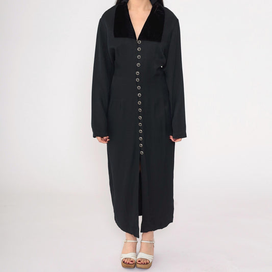 90s Black Velvet Collar Maxi Shirtdress Button Front Slit Large L