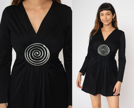 70s Black Sequin Babydoll Mini Dress Empire Waist V Neck Long Sleeve Small